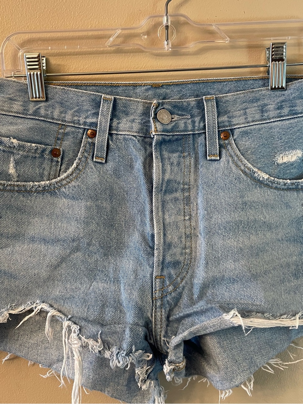 Levi’s Light Blue Distressed Denim Shorts - Women's High-Rise Cutoff - Picture 3 of 8